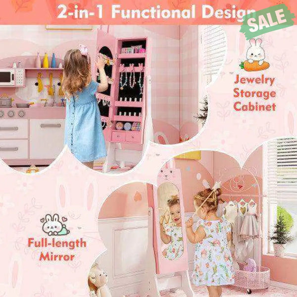 Kids Jewelry Armoire Cabinet with 2 Tilt Angles and Large Capacity-Pink Pink Kids Vanities