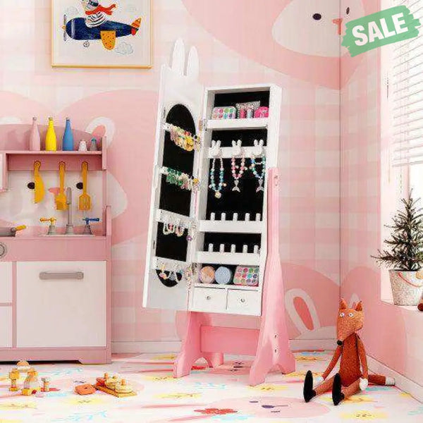 Kids Jewelry Armoire Cabinet with 2 Tilt Angles and Large Capacity-Pink Pink Kids Vanities