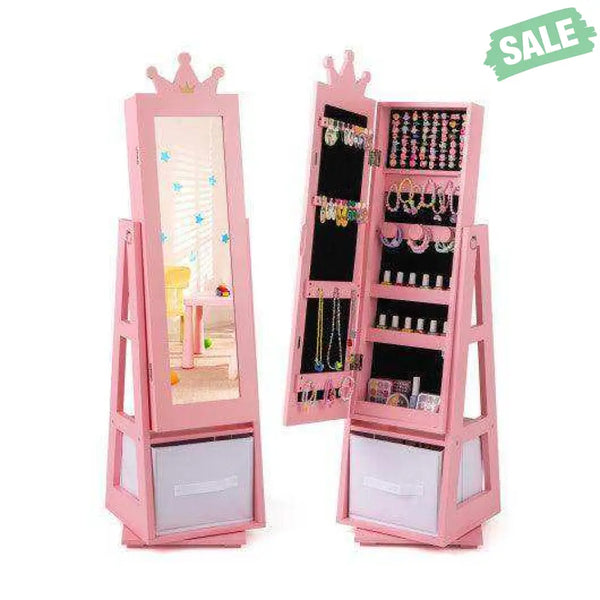 Kids Jewelry Armoire Cabinet with Large Storage Capacity and Swivel Base-Pink Pink Kids Vanities