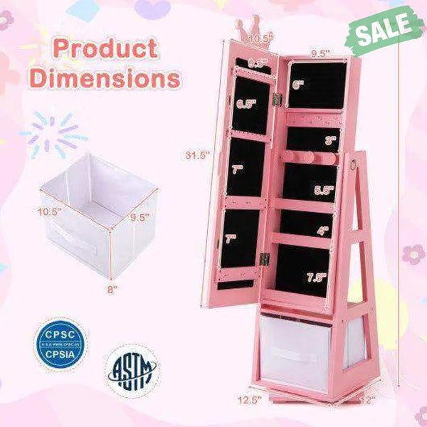 Kids Jewelry Armoire Cabinet with Large Storage Capacity and Swivel Base-Pink Pink Kids Vanities