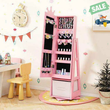 Kids Jewelry Armoire Cabinet with Large Storage Capacity and Swivel Base-Pink Pink Kids Vanities