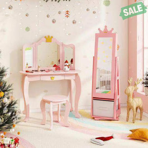 Kids Jewelry Armoire Cabinet with Large Storage Capacity and Swivel Base-Pink Pink Kids Vanities