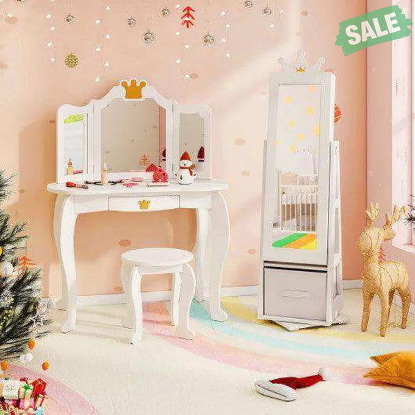 Kids Jewelry Armoire Cabinet with Large Storage Capacity and Swivel Base-White