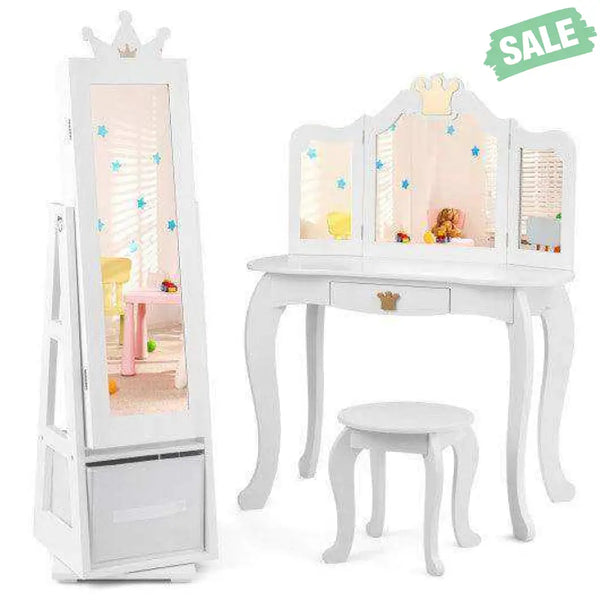 Kids Jewelry Armoire Cabinet with Large Storage Capacity and Swivel Base-White