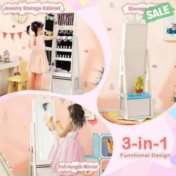 Kids Jewelry Armoire Cabinet with Large Storage Capacity and Swivel Base-White