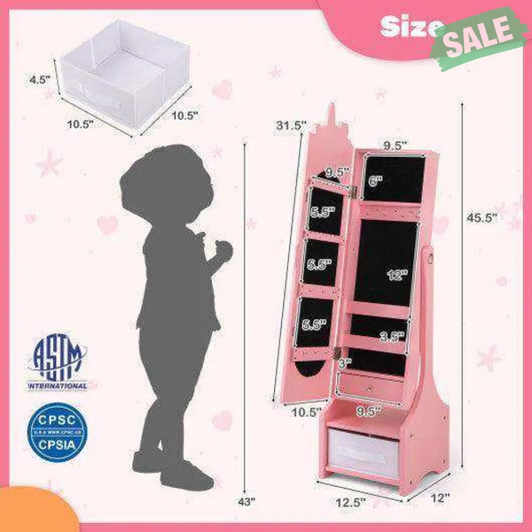 Kids Jewelry Armoire Cabinet with Storage and 2 Tilt Angles-Pink Pink Kids Vanities