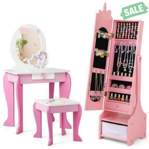 Kids Jewelry Armoire Cabinet with Storage and 2 Tilt Angles-Pink Pink Kids Vanities