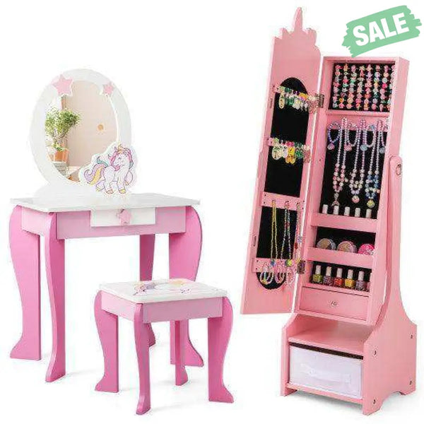 Kids Jewelry Armoire Cabinet with Storage and 2 Tilt Angles-Pink Pink Kids Vanities