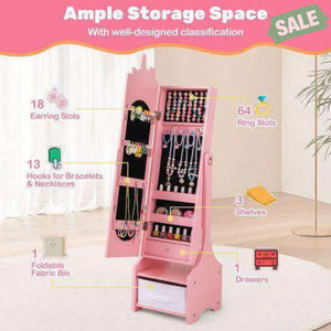 Kids Jewelry Armoire Cabinet with Storage and 2 Tilt Angles-Pink Pink Kids Vanities