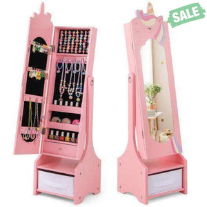 Kids Jewelry Armoire Cabinet with Storage and 2 Tilt Angles-Pink Pink Kids Vanities