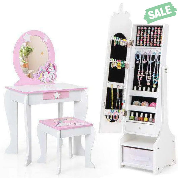 Kids Jewelry Armoire Cabinet with Storage and 2 Tilt Angles-Pink Pink Kids Vanities