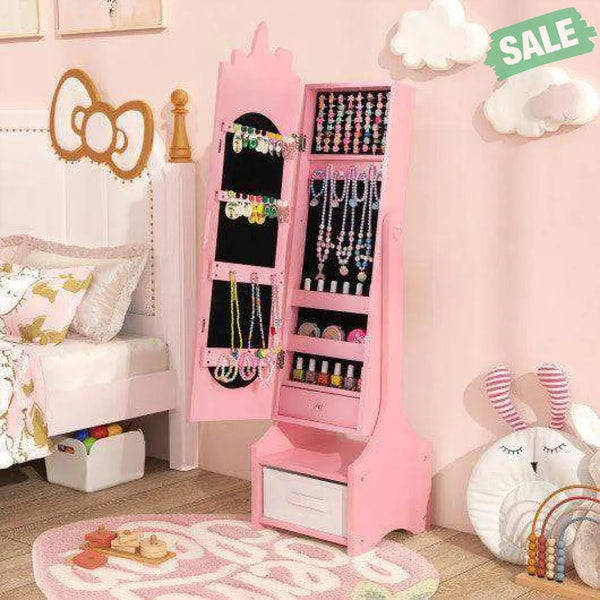 Kids Jewelry Armoire Cabinet with Storage and 2 Tilt Angles-Pink Pink Kids Vanities