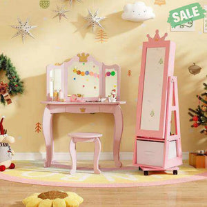 Kids Jewelry Armoire Cabinet with Swivel Base and Lockable Universal Wheels-Pink