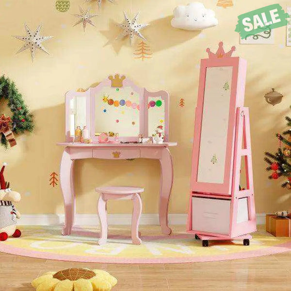 Kids Jewelry Armoire Cabinet with Swivel Base and Lockable Universal Wheels-Pink