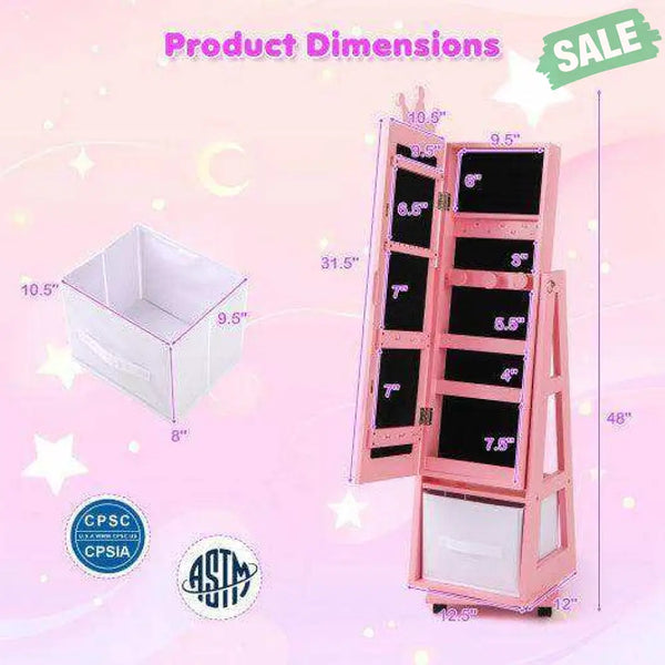 Kids Jewelry Armoire Cabinet with Swivel Base and Lockable Universal Wheels-Pink