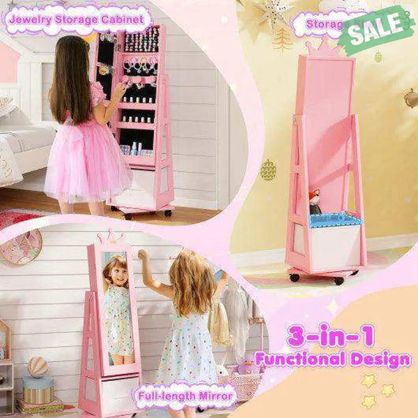 Kids Jewelry Armoire Cabinet with Swivel Base and Lockable Universal Wheels-Pink