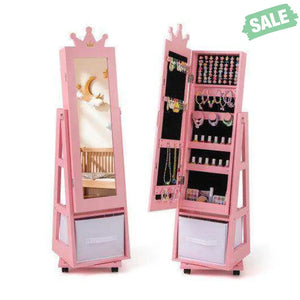 Kids Jewelry Armoire Cabinet with Swivel Base and Lockable Universal Wheels-Pink