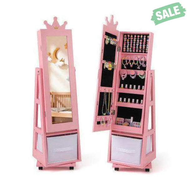 Kids Jewelry Armoire Cabinet with Swivel Base and Lockable Universal Wheels-Pink
