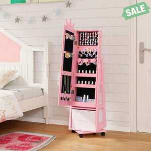Kids Jewelry Armoire Cabinet with Swivel Base and Lockable Universal Wheels-Pink