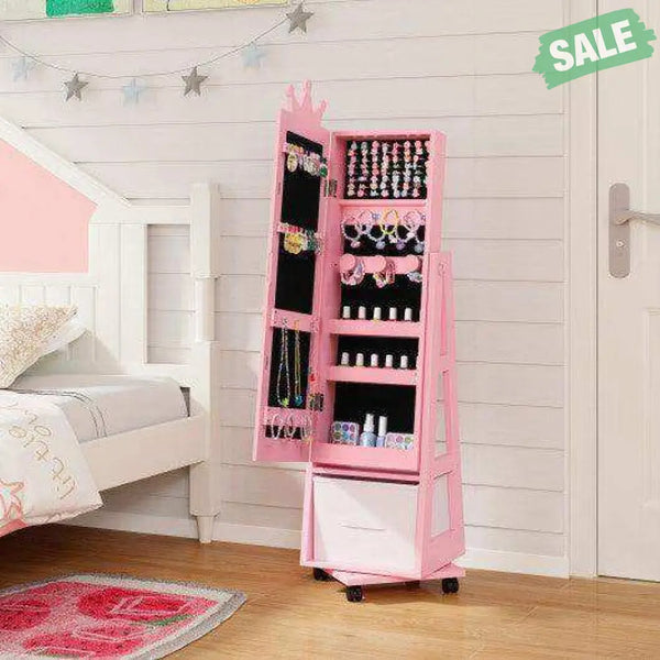 Kids Jewelry Armoire Cabinet with Swivel Base and Lockable Universal Wheels-Pink