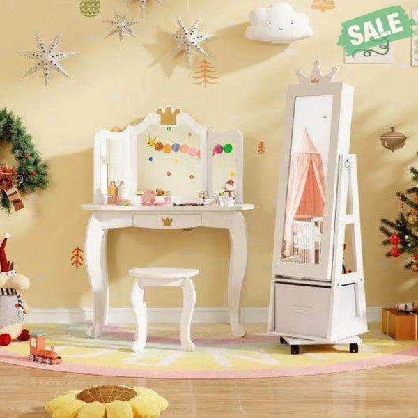 Kids Jewelry Armoire Cabinet with Swivel Base and Lockable Universal Wheels-White White Kids Vanities