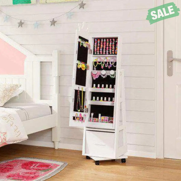 Kids Jewelry Armoire Cabinet with Swivel Base and Lockable Universal Wheels-White White Kids Vanities