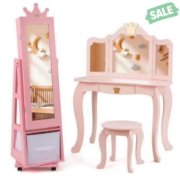 Kids Jewelry Armoire Cabinet with Swivel Base and Lockable Universal Wheels-White White Kids Vanities