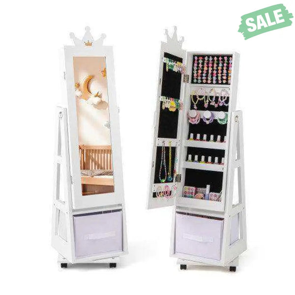 Kids Jewelry Armoire Cabinet with Swivel Base and Lockable Universal Wheels-White White Kids Vanities