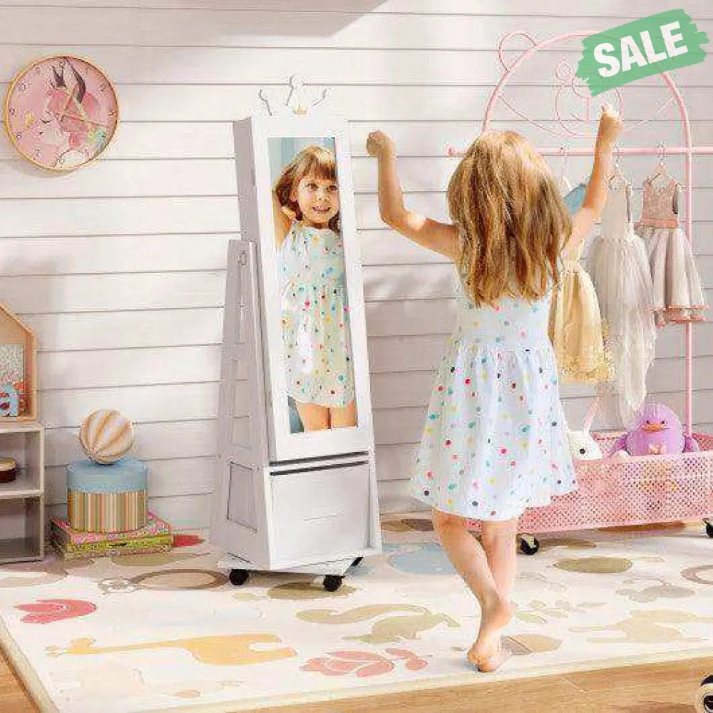 Kids Jewelry Armoire Cabinet with Swivel Base and Lockable Universal Wheels-White White Kids Vanities