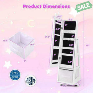 Kids Jewelry Armoire Cabinet with Swivel Base and Lockable Universal Wheels-White White Kids Vanities