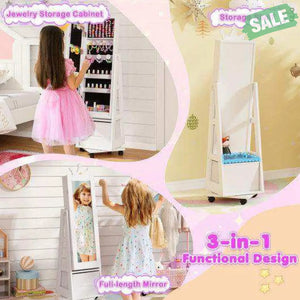 Kids Jewelry Armoire Cabinet with Swivel Base and Lockable Universal Wheels-White White Kids Vanities