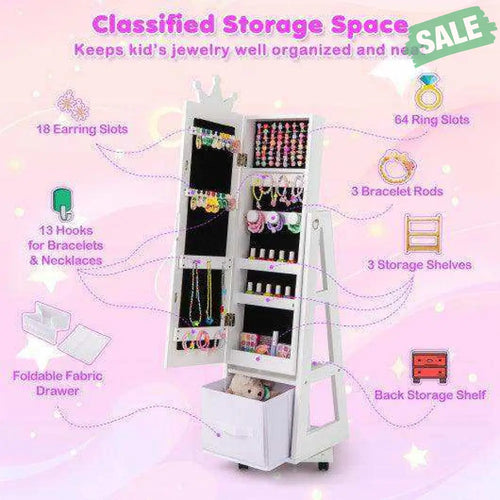 Kids Jewelry Armoire Cabinet with Swivel Base and Lockable Universal Wheels-White White Kids Vanities