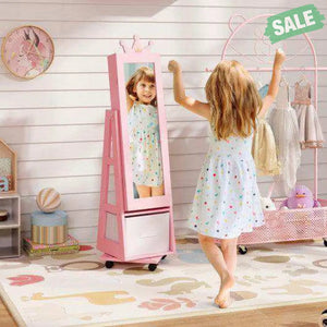 Kids Jewelry Armoire Cabinet with Swivel Base and Lockable Universal Wheels-White White Kids Vanities