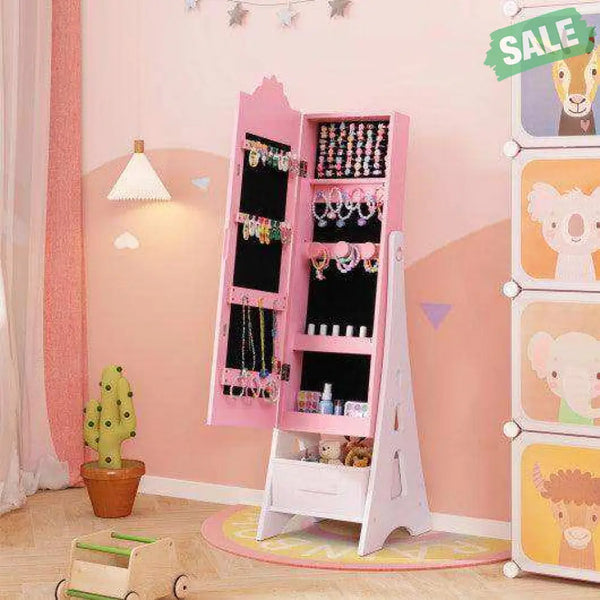 Kids Jewelry Cabinet with Full-Length Mirror and Foldable Drawer-Pink Pink Kids Vanities