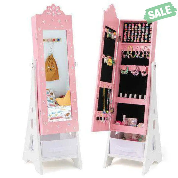Kids Jewelry Cabinet with Full-Length Mirror and Foldable Drawer-Pink Pink Kids Vanities