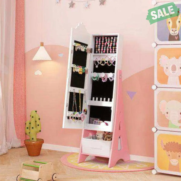Kids Jewelry Cabinet with Full-Length Mirror and Foldable Drawer-Pink Pink Kids Vanities