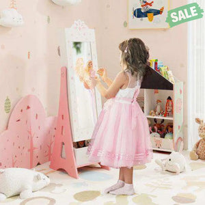 Kids Jewelry Cabinet with Full-Length Mirror and Foldable Drawer-Pink Pink Kids Vanities