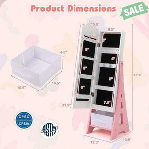 Kids Jewelry Cabinet with Full-Length Mirror and Foldable Drawer-Pink Pink Kids Vanities