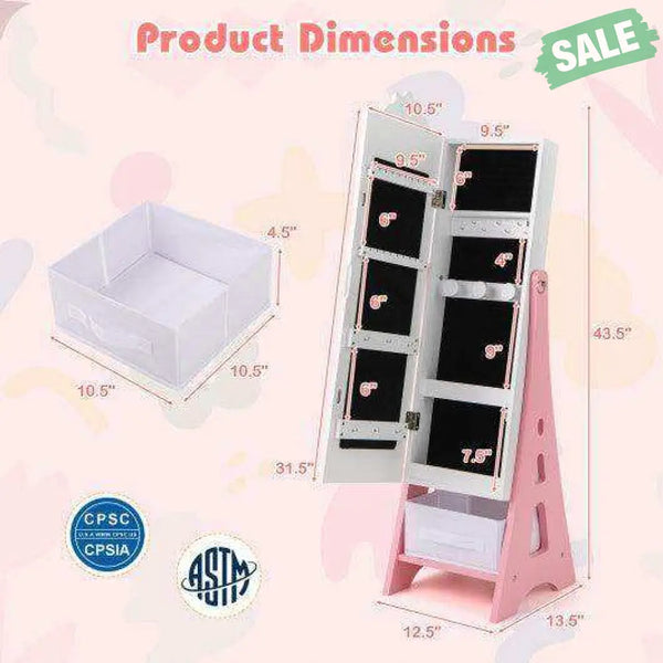 Kids Jewelry Cabinet with Full-Length Mirror and Foldable Drawer-Pink Pink Kids Vanities