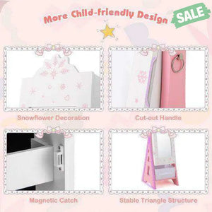 Kids Jewelry Cabinet with Full-Length Mirror and Foldable Drawer-Pink Pink Kids Vanities