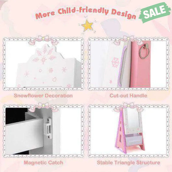 Kids Jewelry Cabinet with Full-Length Mirror and Foldable Drawer-Pink Pink Kids Vanities
