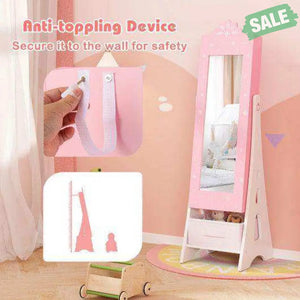 Kids Jewelry Cabinet with Full-Length Mirror and Foldable Drawer-Pink Pink Kids Vanities