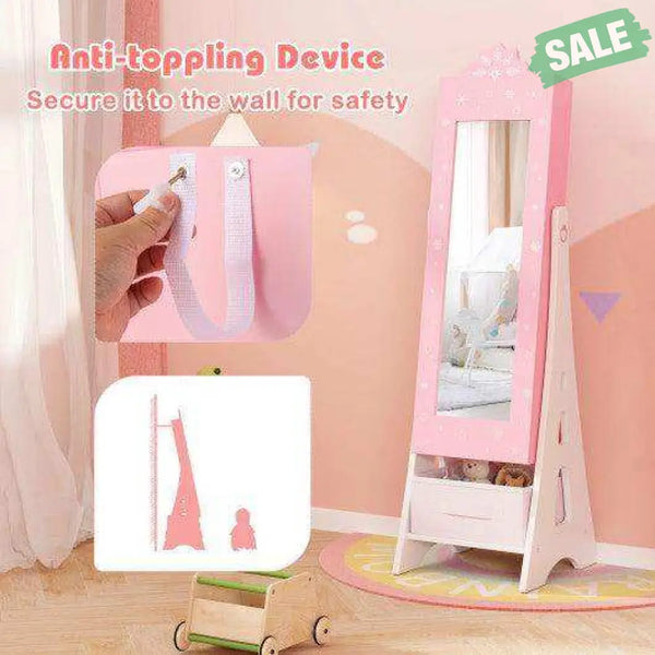 Kids Jewelry Cabinet with Full-Length Mirror and Foldable Drawer-Pink Pink Kids Vanities