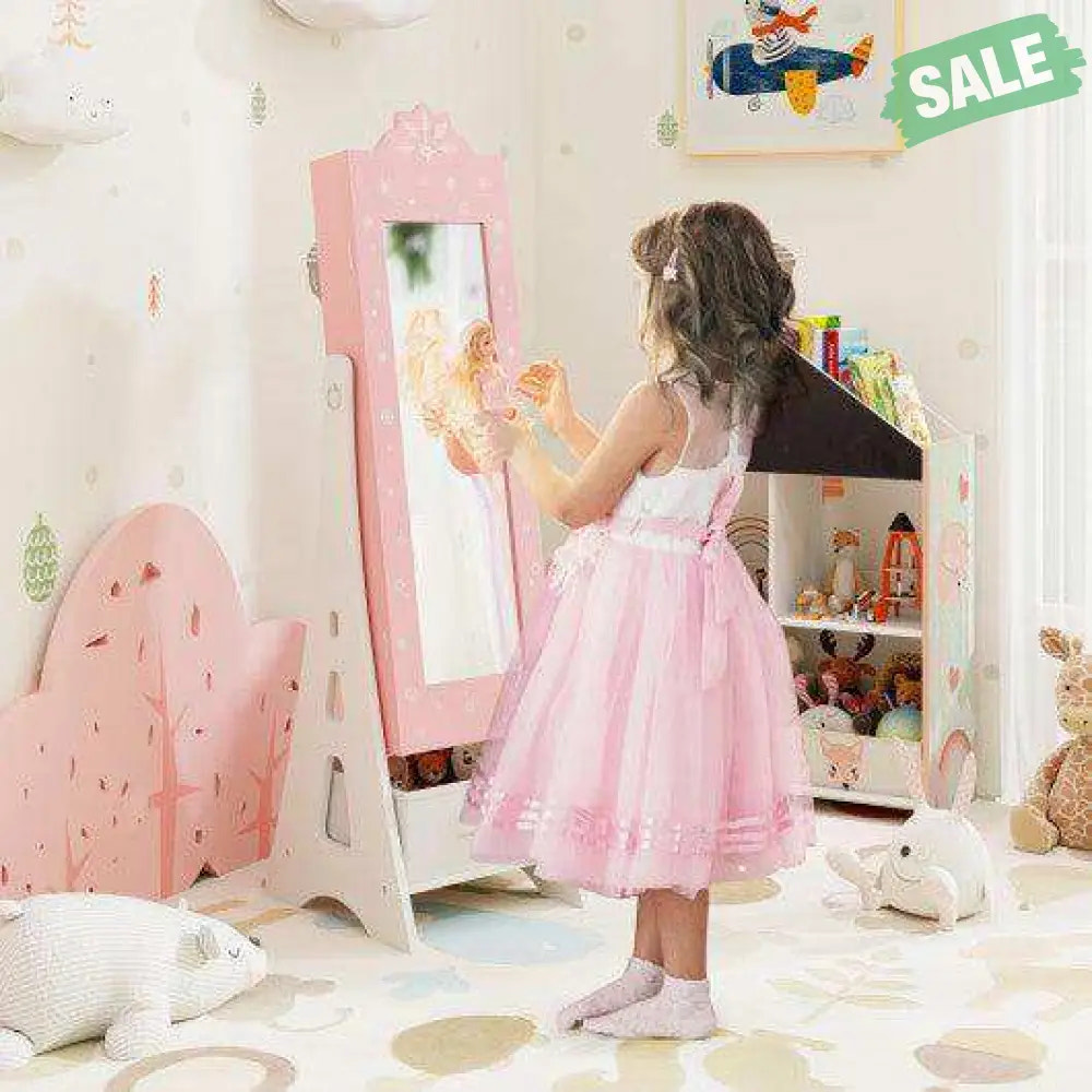 Kids Jewelry Cabinet with Full-Length Mirror and Foldable Drawer-Pink Pink Kids Vanities