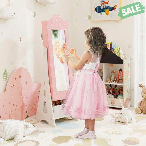 Kids Jewelry Cabinet with Full-Length Mirror and Foldable Drawer-Pink Pink Kids Vanities