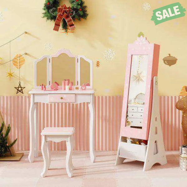 Kids Jewelry Cabinet with Full-Length Mirror and Foldable Drawer-Pink Pink Kids Vanities