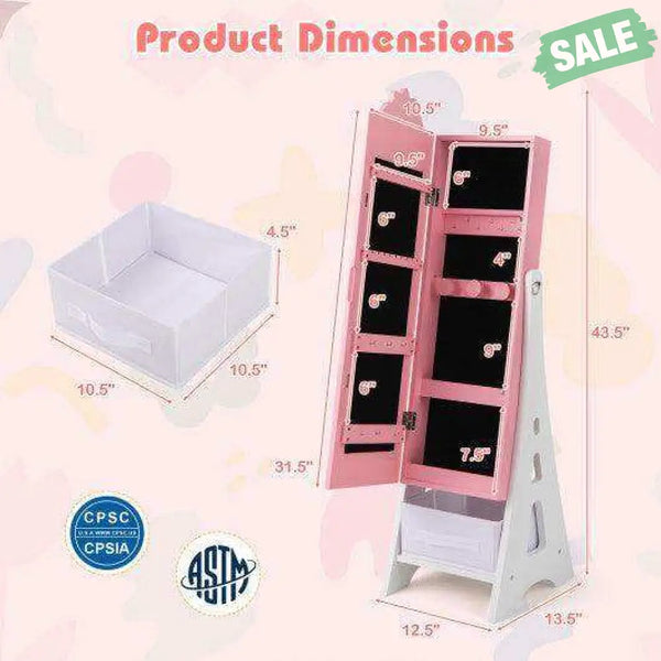 Kids Jewelry Cabinet with Full-Length Mirror and Foldable Drawer-Pink Pink Kids Vanities
