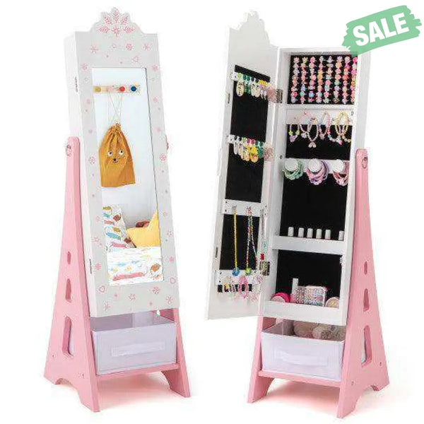 Kids Jewelry Cabinet with Full-Length Mirror and Foldable Drawer-Pink Pink Kids Vanities