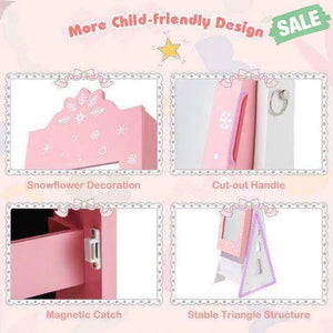Kids Jewelry Cabinet with Full-Length Mirror and Foldable Drawer-Pink Pink Kids Vanities