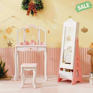 Kids Jewelry Cabinet with Full-Length Mirror and Foldable Drawer-White